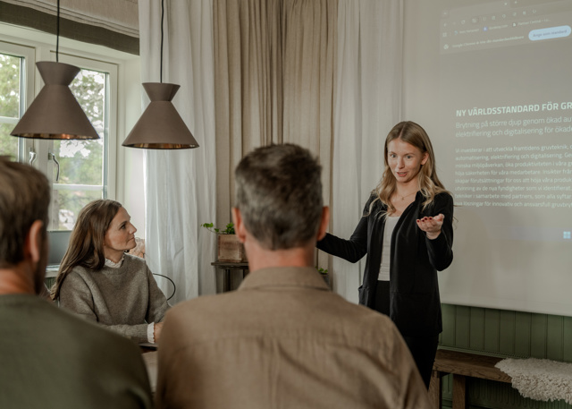 En kvinna står vid en projektorduk och håller en presentation för tre personer som sitter runt ett bord i ett mötesrum.