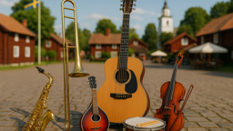Saxofon, trombon, banjo, gitarr, trumma och fiol uppställda på kullerstensgata i svensk bymiljö, med röda trähus och kyrktorn i bakgrunden.